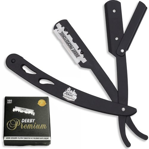 The Shave Factory Straight Edge Razor Kit - with Single Stainless Steel razors for men from (Black, Derby Premium Single Edge)