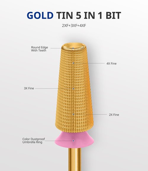 AIRSEE Tungsten Carbide 5 in 1 Acrylic Nail Drill Bit Efile Electric File Machine Head Tip for Manicure Polishing Fast Remove Gel 3/32" Shank 2 Way Professional Tech Use Gold TiN 2X Fine-2XF+3XF+4XF