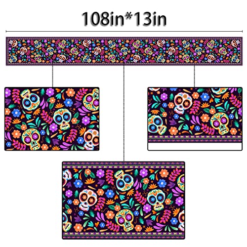 Dia De Los Muertos Table Runner 13 x 108 Inches Linen Mexican Sugar Skull Decor