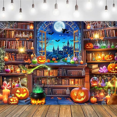 Halloween Magic Photography Backdrop 10x8 FT - Spooky Witch Window Bookshelf Scene