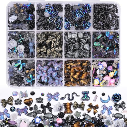 3D Butterfly Rose Flower Bow Rabbit Nail Charms Kit Black Variation