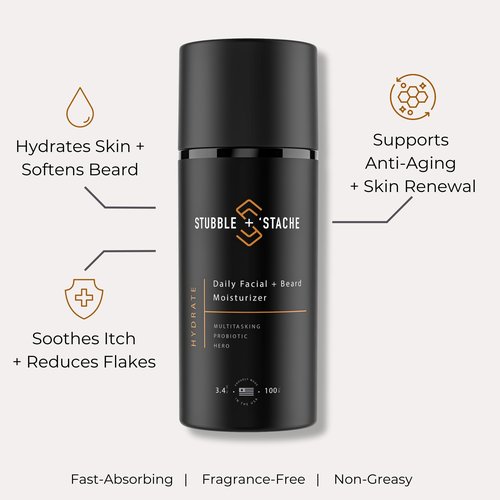 stubble & stache Beard & Face Moisturizer for Men - Hydrating Lotion with Hyaluronic Acid, Niacinamide, Argan Oil, Aloe Vera, Jojoba Oil, & Vitamin A for Dry Skin & Beard Conditioning - 3.4 fl oz