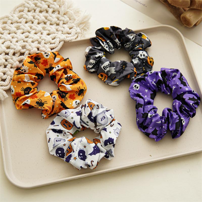 Halloween Spooky Ghost Pumpkin Bat Print Satin Hair Scrunchies - Set of 4 B