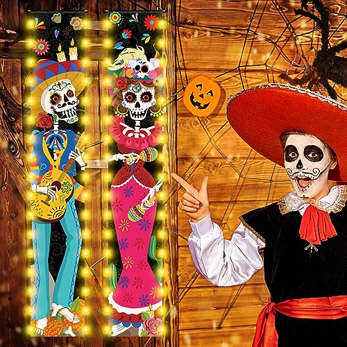 3-Pack Day of The Dead Porch Signs with LED Lights - Mexican Sugar Skull Door Decorations for Halloween & Fiesta