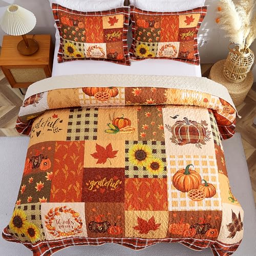 EVENHUG Fall Quilt Queen Size Bedding Set with Pillow Shams - Orange Brown Floral Pumpkin Design, 3 Pieces