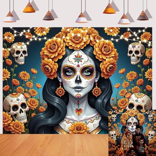 Dia De Los Muertos Backdrop 8x6FT Mexican Fiesta Sugar Skull & Marigold Party Banner