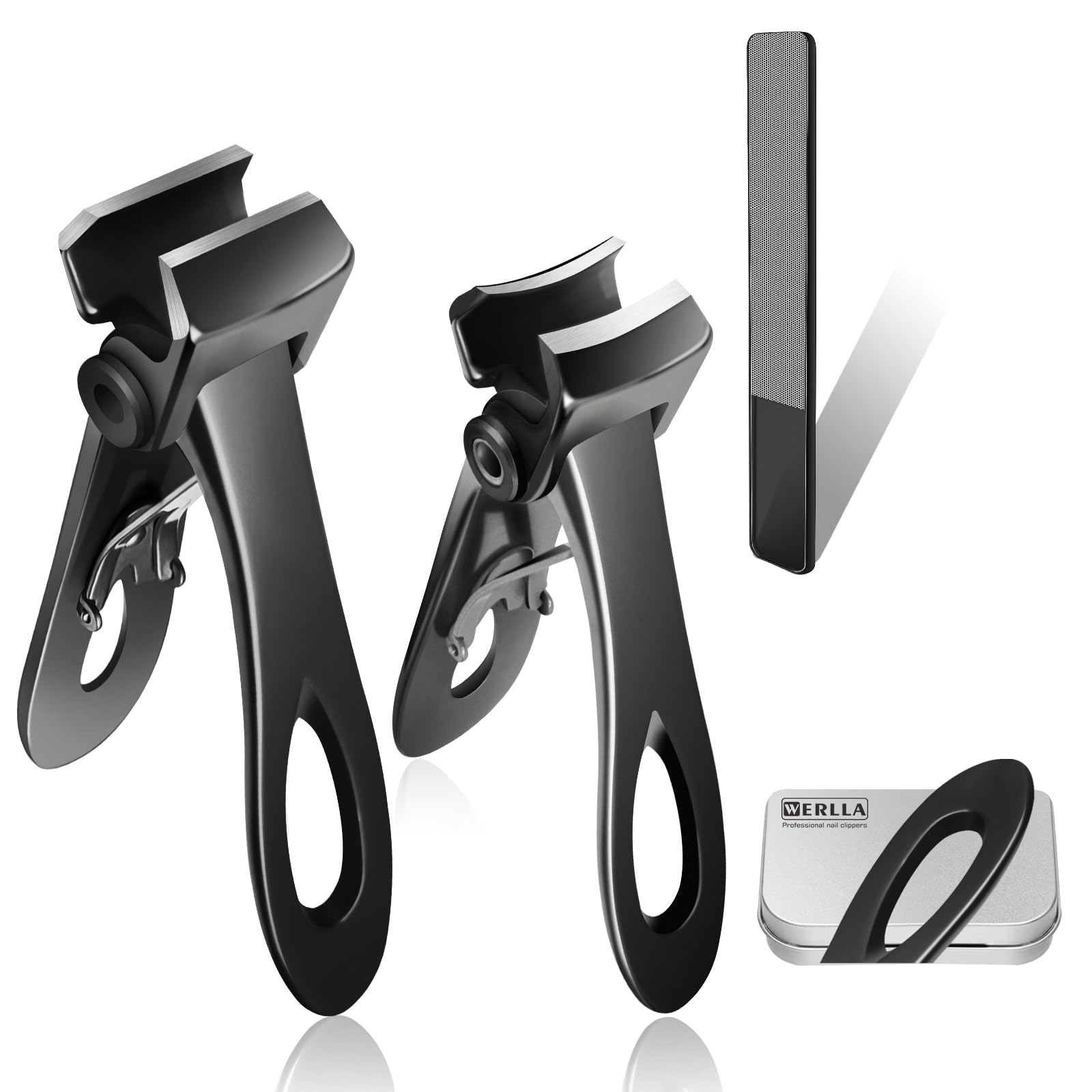 Werlla Toenail Clippers for Thick Toenails, Long Handle Wide Jaw Opening Nail Clippers for Adult, Men, Seniors, Extra Large Heavy Duty Toenail Clippers for Fingernail & (4pcs_Curved_Straight_Black)