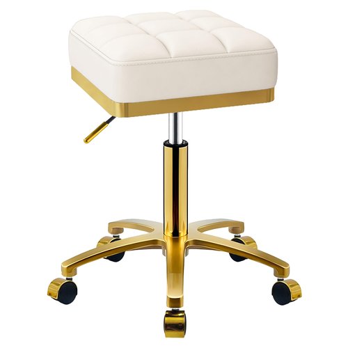 CQAEBK Square Rolling Stool Gold Adjustable Swivel Stools with Wheels, Vanity Lash Nail Salon Spa Roller Chair, Esthetician Massage Office Pedicure Stool, Heavy Duty Gold Plated Frame (White)