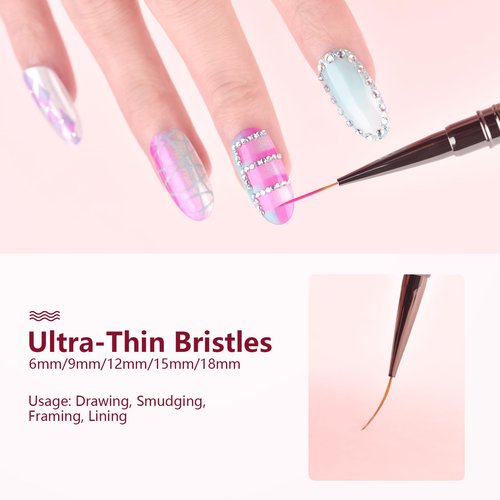 KADS Fine Liner Nail Brush Metal Handle Nail Painting Design Brush Drawing Pen 6mm 9mm 12mm 15mm 18mm (Set of 5Pcs)