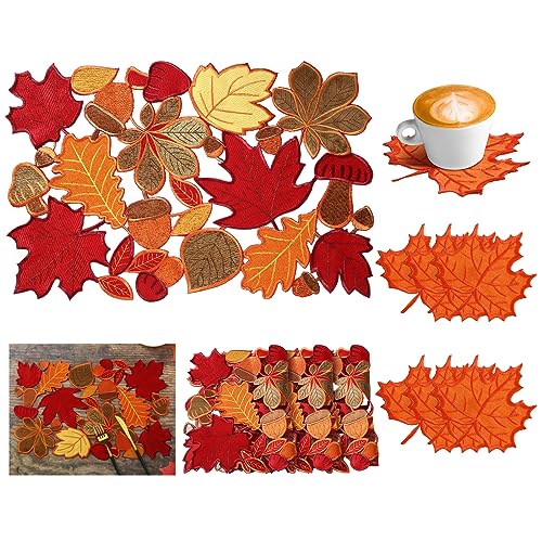 Thanksgiving Maple Leaf Placemats & Coaster Set - Fall Decor, 11x17 Inches