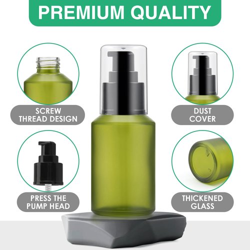 3PCS 60ML/2OZ Empty Green Frosted Glass Bottles with Pump Refillable Vial Cosmetic Dispenser Jars Storage Travel Lotion Container Portable Sample Bottle for Toiletries,Foundation,Cream,Gel,Lotion