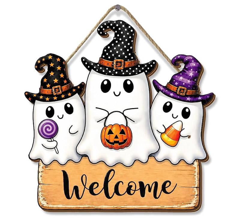 Halloween Wooden Door Sign Cute Ghosts Welcome Plaque Decor