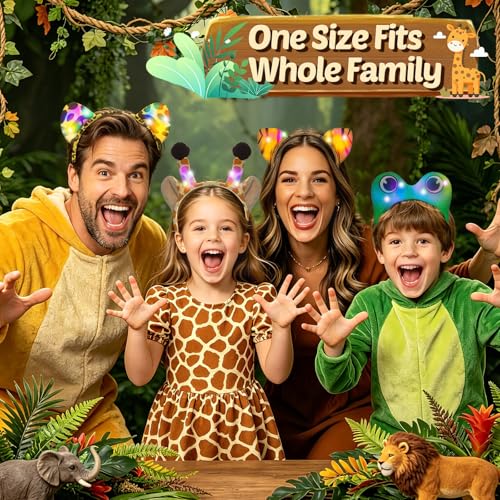 Kids & Adult Jungle Animal Ears Headbands with Lights - 12 Pack