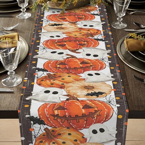 Halloween Table Runner Bat Ghost Pumpkins Web Pattern 13 x 108 Inch - Festive Fall Decor