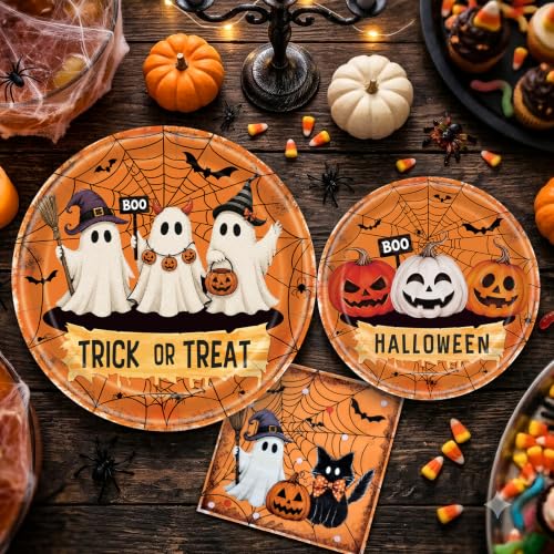 Halloween Ghost Tableware Set - Orange & White Trick or Treat Plates & Napkins