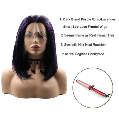 Short Bob Lace Front Wigs with Baby Hair Blend Purple Shoulder Length Natural Hairline Glueless Synthetic Silky Straight Wig for Black Women Heat Safe Fiber Cosplay Costume Daily Summer Wigs 14 Inch