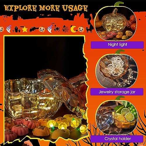Glass Pumpkin Candy Jar with Lid - Large Amber Halloween Decor, 17x17.5cm