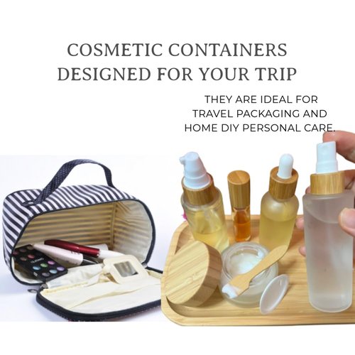 BEECO GIF2U Empty Refillable Frosted Glass Cosmetic Containers with Bamboo Cover - 5 Pack, Spray Bottle, Lotion Pump, Dropper, Roller and Cream Jar for Cosmetic Storage with Tray