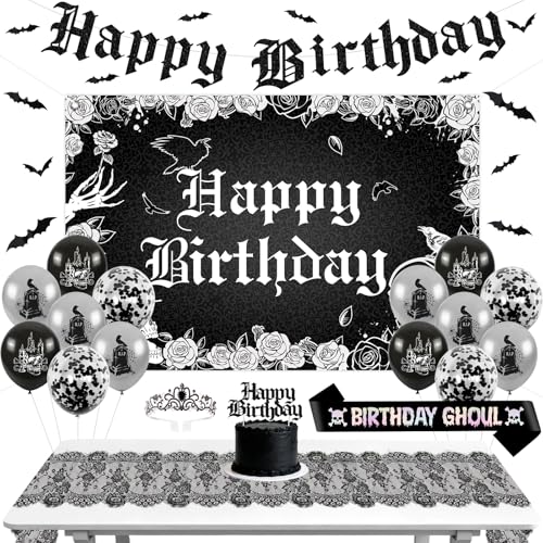 Gothic Birthday Decorations Kit with Backdrop Banner Skull Skeleton Bat Wall Decals