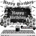Gothic Birthday Decorations Kit with Backdrop Banner Skull Skeleton Bat Wall Decals