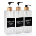 Shampoo and Conditioner Dispenser, Set of 3 16.9oz Refillable Shower Bottles Soap Dispenser with Waterproof Labels, Empty Plastic Bamboo Pump Body Wash Dispenser Set for Bathroom Hotel Tawny