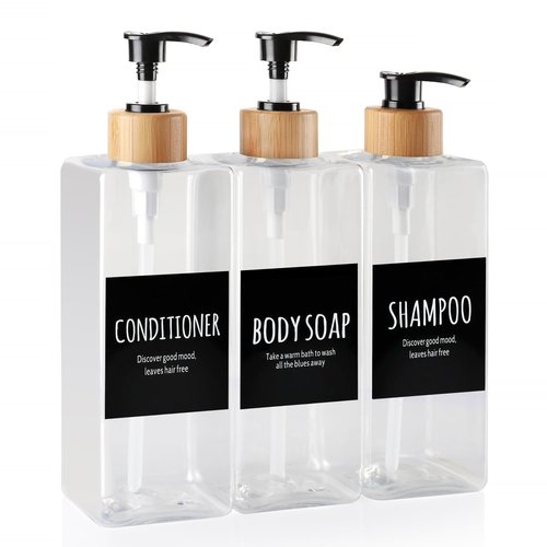 Shampoo and Conditioner Dispenser, Set of 3 16.9oz Refillable Shower Bottles Soap Dispenser with Waterproof Labels, Empty Plastic Bamboo Pump Body Wash Dispenser Set for Bathroom Hotel Tawny
