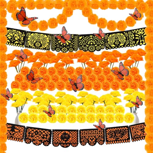 Day of the Dead Decorations Set with Marigold Garlands and Butterflies - 182 Pieces
