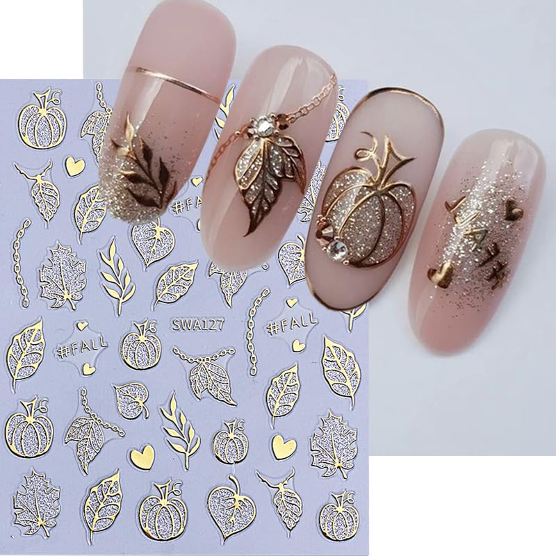 Halloween Pumpkin Ghost Nail Art Stickers - Style7 Fall Maple Leaf Bat Web 3D Decals