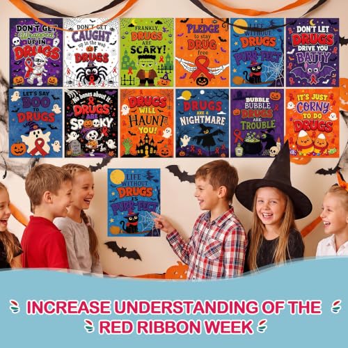 Red Ribbon Week Posters Set - Spooky Halloween Themed Anti-Drug Decorations, 12 Pack