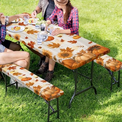 Outdoor Fall Picnic Table and Bench Cover Set - Pumpkins Sunflowers Maple Leaves, Small