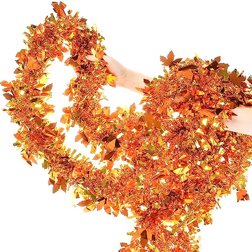 33Ft Fall Tinsel Garland with Maple Leaves, Metallic Twist for Thanksgiving Halloween Decor