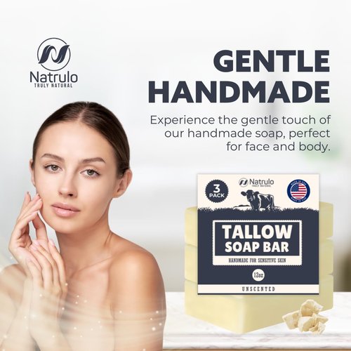 Beef Tallow Soap Bar – All Natural Grass Fed Tallow Soap Unscented – Moisturizing Face & Body Wash Great for Eczema, Dry, Itchy, Sensitive Skin – Handcrafted Bath Soap for Adults, Kids, Made in USA