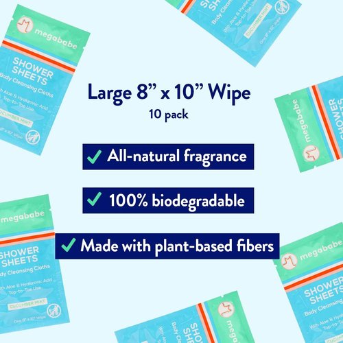 Megababe Cucumber Mint Shower Sheets | Individually Wrapped Body Cleansing Cloths | 10 Wipes (Pack of 1)