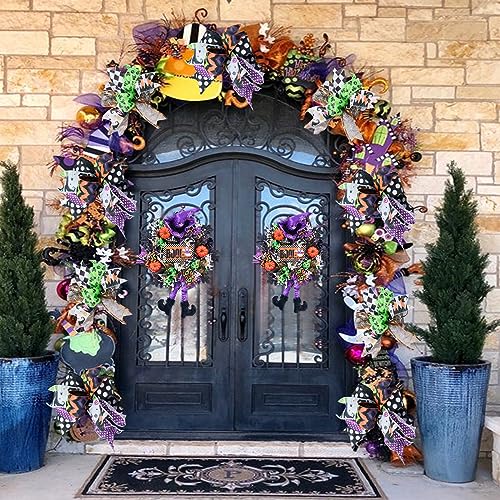 Halloween Wreath for Front Door - 20 Inch Whimsical Mesh Decor with Witch Accents