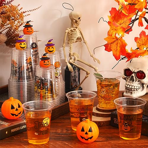 Halloween Disposable Plastic Cups Bulk - Pumpkin Design, 12oz, 100 Pack
