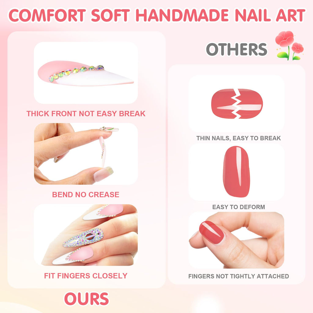 Yabonica Handmade 3D Pink Press On Nails Short Oval - 10Pcs Reusable Acrylic False Nails with Luxury GeL Cat Eye & Charms Salon Design (054P, L)