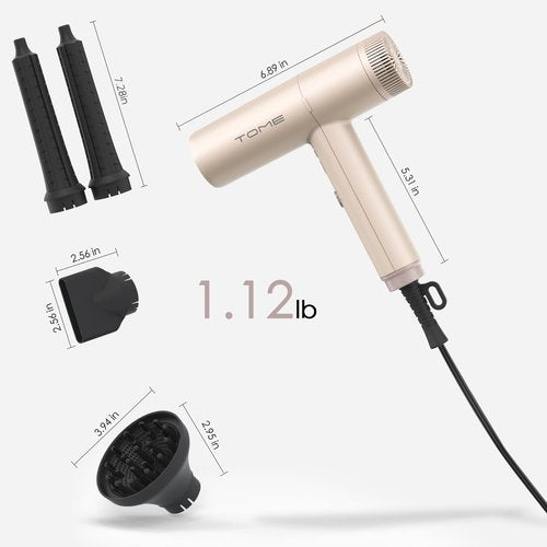 TOME Hair Dryer, 1875W High-Speed EC Motor 110,000 RPM Ionic Blow Dryer, Fast Drying, Cool Shot Lock, 3 Heat 2 Speed, 4 Attachments (Styling Nozzle, Diffuser, 2 Air-Powered Wrap Wands), 125V Pink