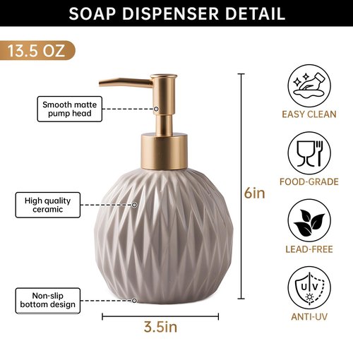 Ceramics Gold Soap Dispenser for Bathroom, Relief Soap Dispenser for Kitchen Sink, 400ml/13.5Oz Refillable Liquid Hand Soap Bottle with Gold Pump (Khaki).