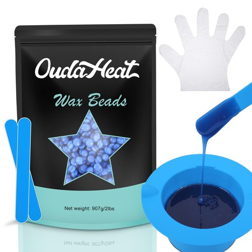 2lb Hard Wax Beads, Stripless Wax Bead for Sensitive Skin, Professional Brazilian Waxing Beads, Bikini, Body, Face, Legs, Back, Chest, Coarse Hair Removal, At-Home Salon, 1 Silicone Pot and 5 Sticks