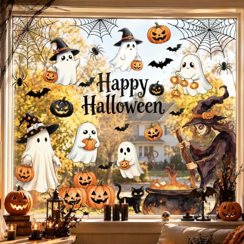 Halloween Window Clings Decorations - Ghost Pumpkin Variation, Reusable PVC Stickers