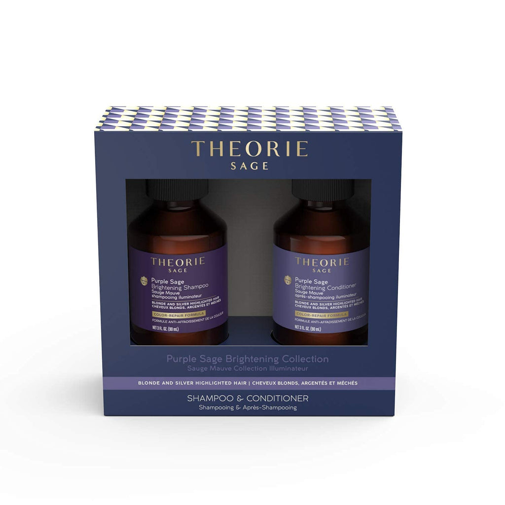 Theorie Purple Sage Travel Set - Brightening Shampoo & Conditioner Minis - Color Repair Formula | 90mL Bottles for Blonde & Highlighted Hair