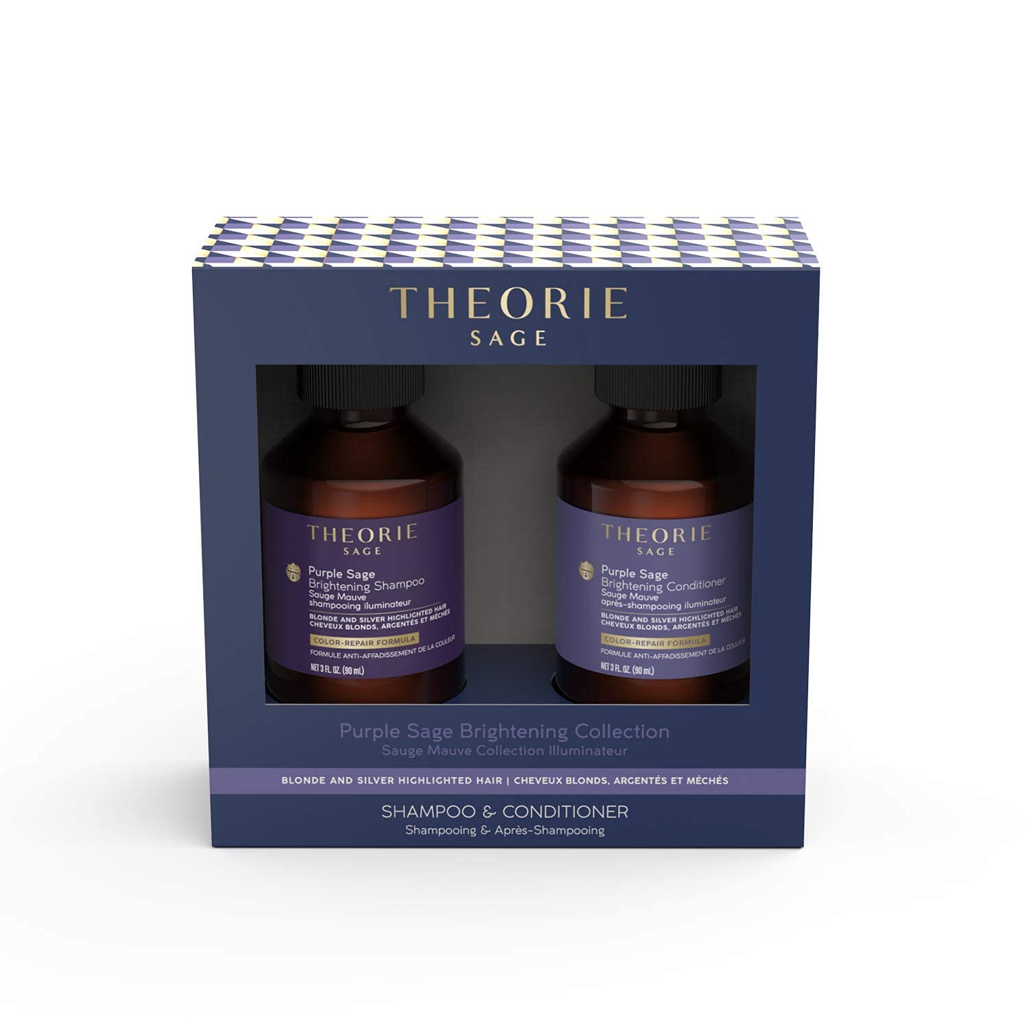 Theorie Purple Sage Travel Set - Brightening Shampoo & Conditioner Minis - Color Repair Formula | 90mL Bottles for Blonde & Highlighted Hair