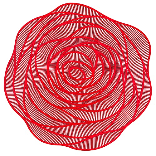 Red Rose Flower Shaped Placemat Set of 4 - Elegant Circular Vinyl Table Mats