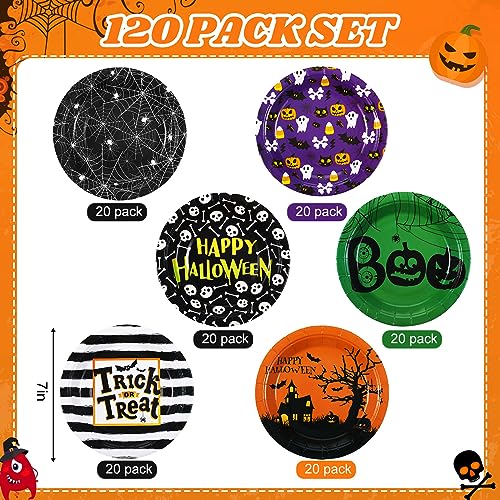 Umigy 120 Pack Halloween Paper Plates 7 Inch Pumpkin & Spider Web Design - Classic Color Variation