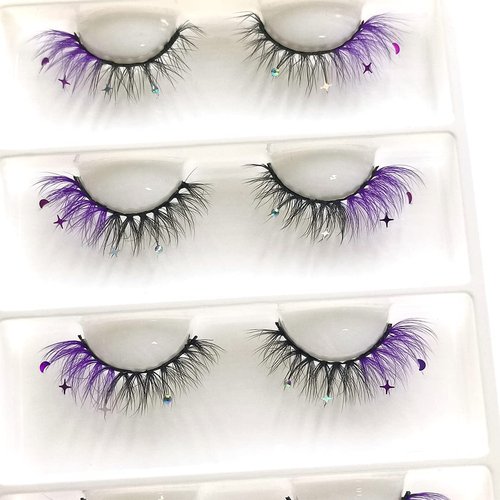 FQNing Glitter Eyelashes Sequins Moon Star Rhinestone Purple Color Lash Wispy 4 pairs for Ball, Dance, Party, Games (Purple Moon&Star)
