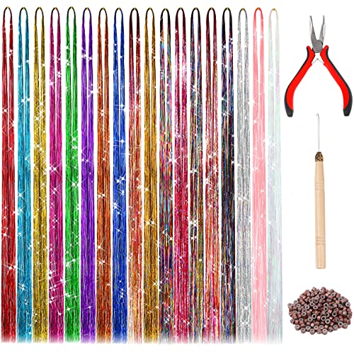 Hair Extension Tinsel Kit with 18 Colors, 3600 Strands & Tools - Multi