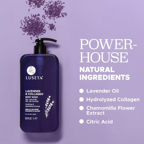 Luseta Lavender & Collagen Body Wash for Women and Men, Moisturizes and Soothes the Skin with Calming Aroma, Enhances Hydration Shower Gel Body Wash, Sulfate & Paraben-Free 33.8oz