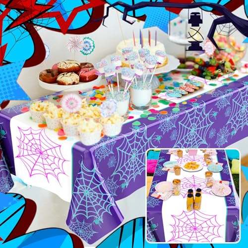 Spider Tablecloth Set - 3 Pack Halloween & Birthday Party Decor - Web Design, Purple, Black, Red
