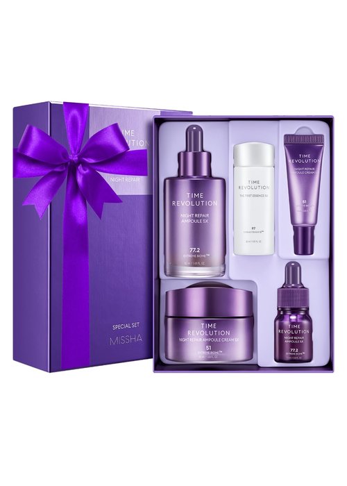MISSHA Time Revolution Night Repair 5X Gift Set Night Repair Ampoule and Cream 5X, The First Essence 5X for Youthful, Glass Skin, Korean Skin Care valentines day gifts for her