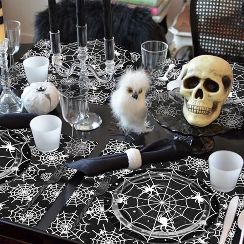 Halloween Spider Web Disposable Tableware Set for 24 Guests - Black & White Party Supplies
